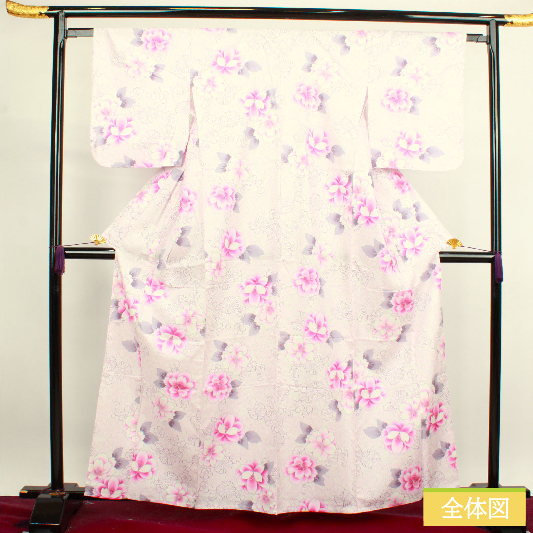 浴衣 木綿 身丈163cm 裄丈64.5cm Sランク 単衣 ピンク系 桜色（さくらいろ） 桜 菊 1118004542413
