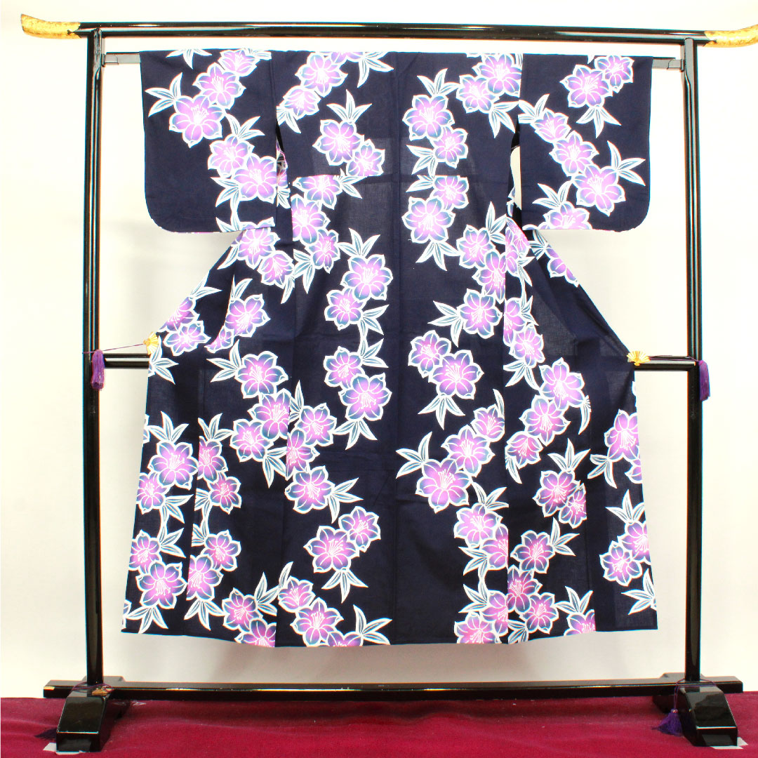 浴衣 濃紺色 スミレ 木綿 Sランク 単衣 身丈149cm 裄丈62cm 紺系 1118003692118