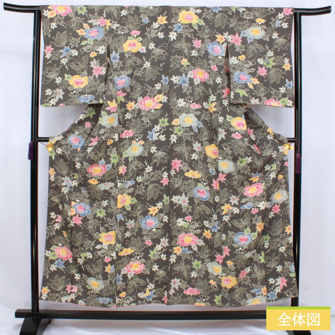 小紋 正絹 Sランク 身丈154cm 裄丈64cm 袷 薄黒色（うすぐろいろ） 京紅型 半衿付き 蝶 花 グレー系 1115007742222