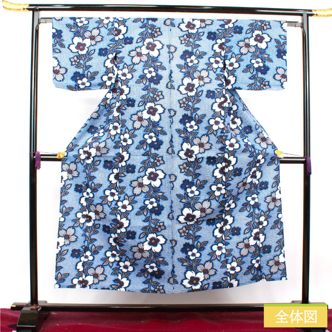 浴衣 木綿 身丈152.5cm 裄丈64cm Sランク 単衣 紺系 濃紺色（のうこんいろ） リップル 抽象花 1118004742218