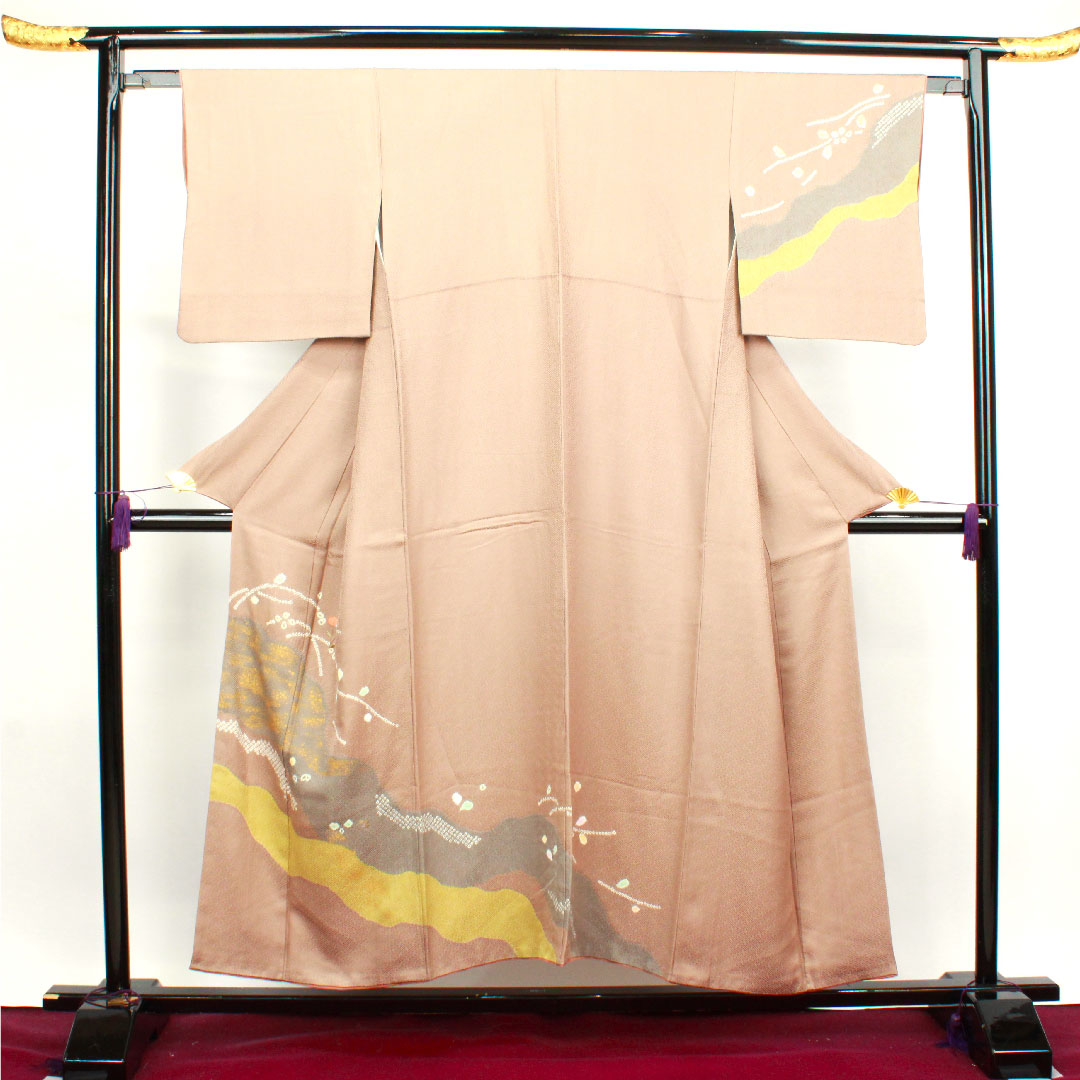 Homongi, lined, length 151.5cm, sleeve length 63cm, plum gray, tie-dye, abstract pattern, pure silk, A rank, brown, 1112002623214