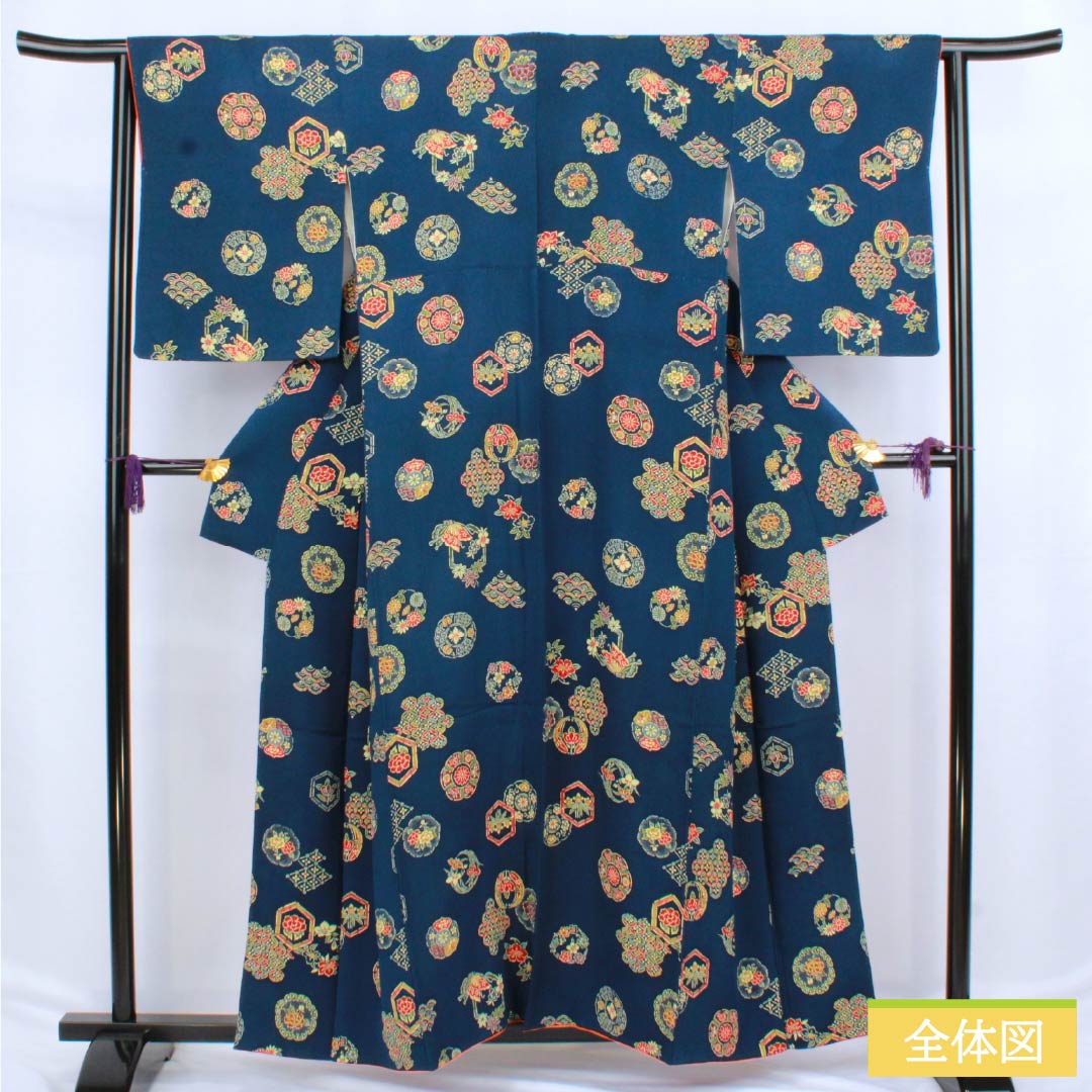 Komon (small pattern) silk, A-rank, length 157.5cm, sleeve length 63cm, lined, iron grape color, stencil dyeing, classic pattern, navy blue, 1115006543318