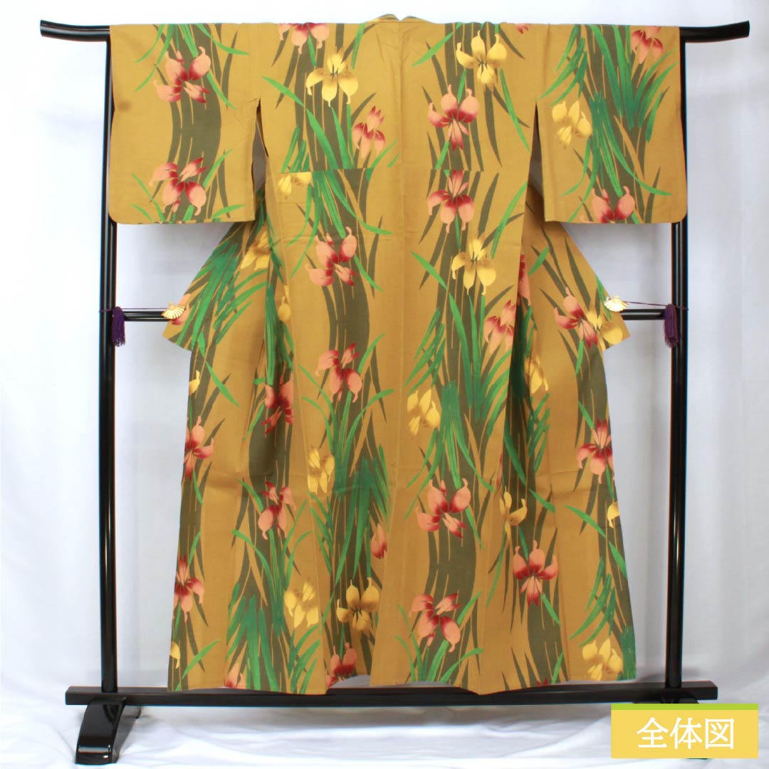 浴衣 木綿 身丈153.5cm 裄丈67cm Aランク 単衣 黄系 木蘭色（もくらんじき） 菖蒲 1118005803223