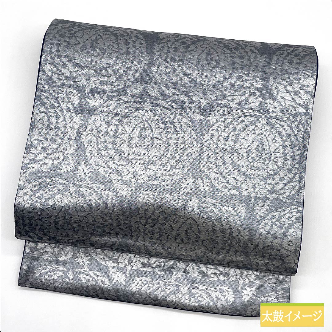 袋帯 正絹 錫色（すずいろ） 幾何学模様 帯丈412cm Sランク 六通 セミフォーマル 銀系 1123012292322