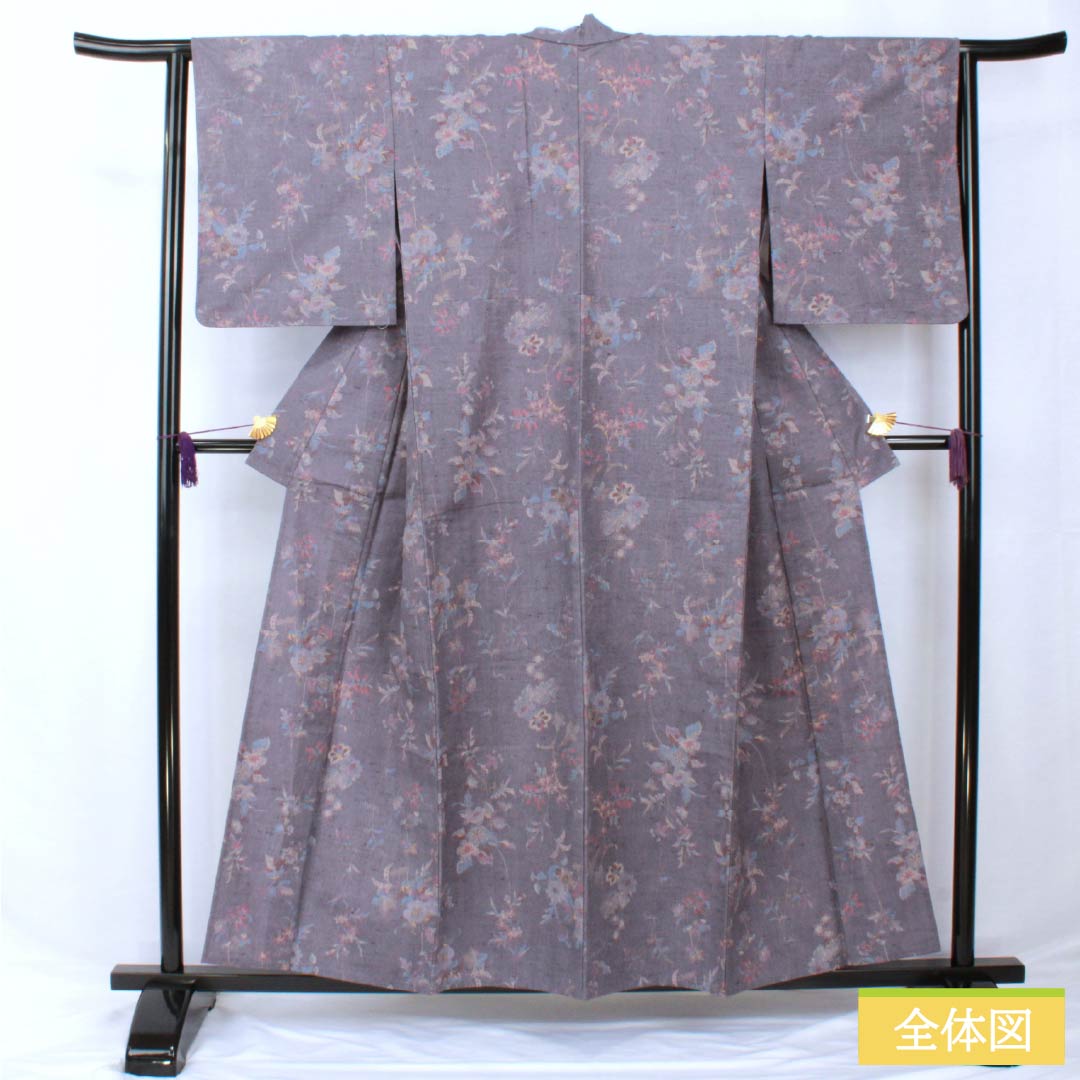 Komon, pure silk, length 157cm, sleeve length 63cm, single layer, Soushinezuiro, stencil dyeing, pongee fabric, floral pattern, S rank, purple, 1115005762320