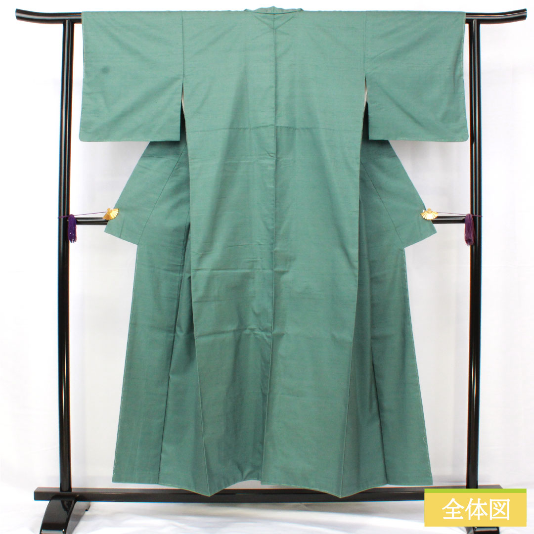 色無地 正絹 身丈152cm 裄丈61.5cm 山藍摺色（やまあいずりいろ） 紬地 しつけ糸付き 袷 Aランク 緑系 1114001653219