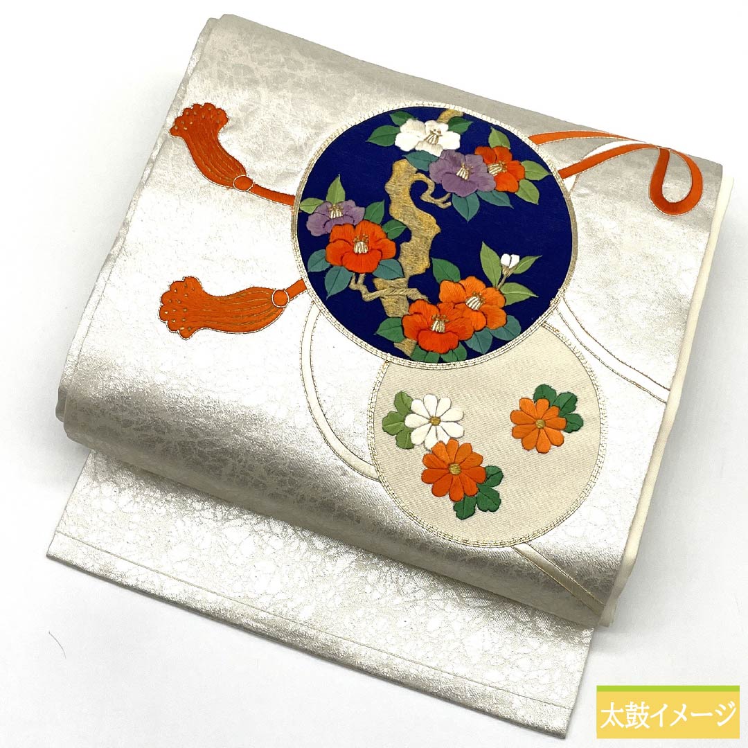 名古屋帯 正絹 Aランク 刺繍 組紐 花紋 椿 帯丈358cm ポイント柄 セミフォーマル 銀系 1124010663322 名古屋仕立て
