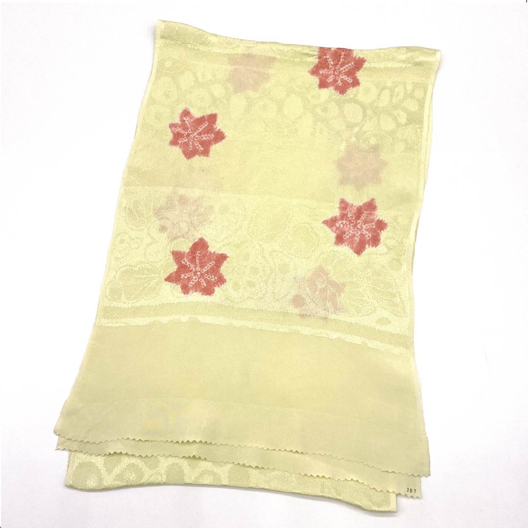 帯揚げ 正絹 セミフォーマル 嫩芽色（どんこうしょく） 絞り 紅葉 植物 長さ約168cm 幅約27cm Sランク クリーム系 1136000312915