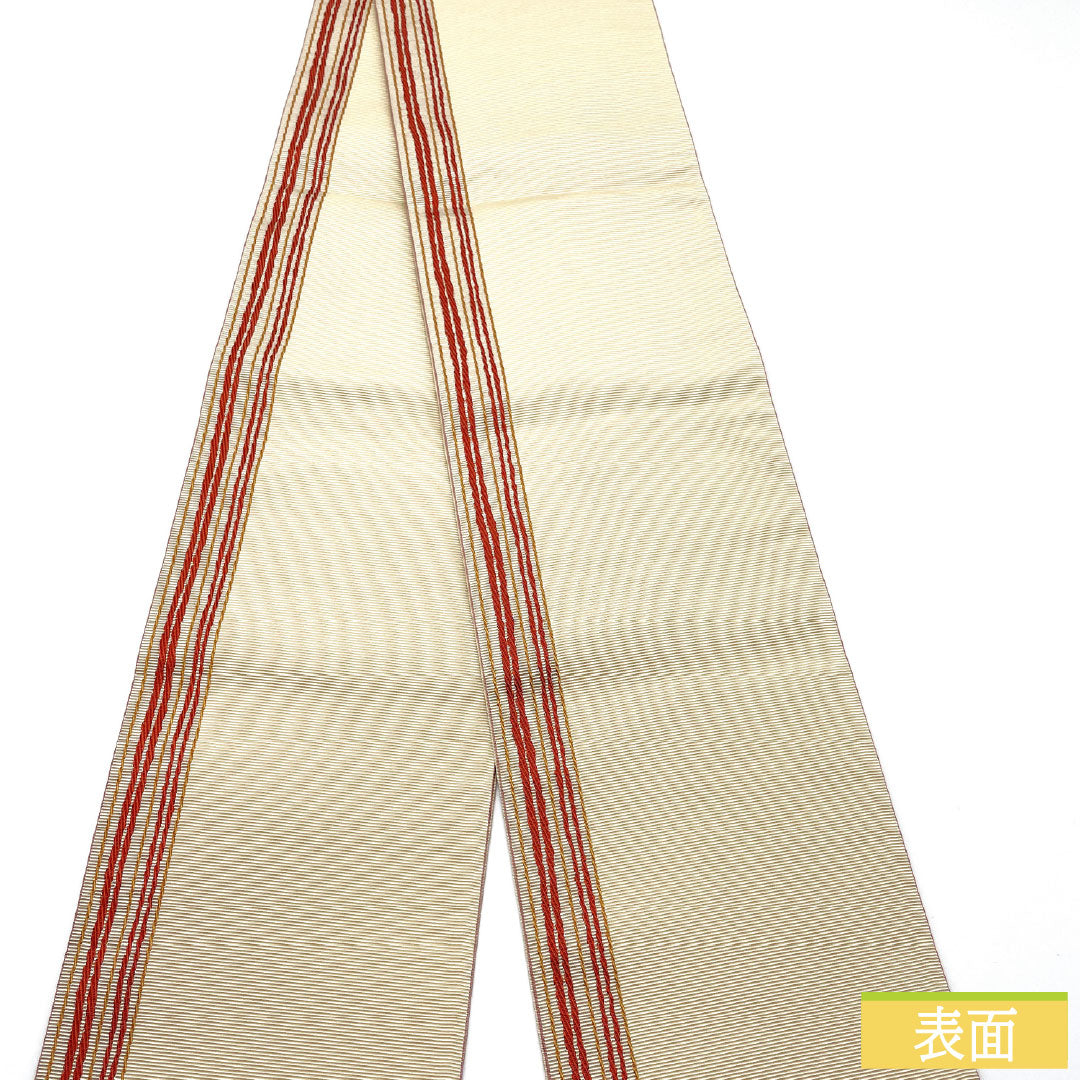 半幅帯 ポリエステル Sランク 鳥の子色（とりのこいろ） リバーシブル 縞 桜   帯丈354cm クリーム系 1125002332315