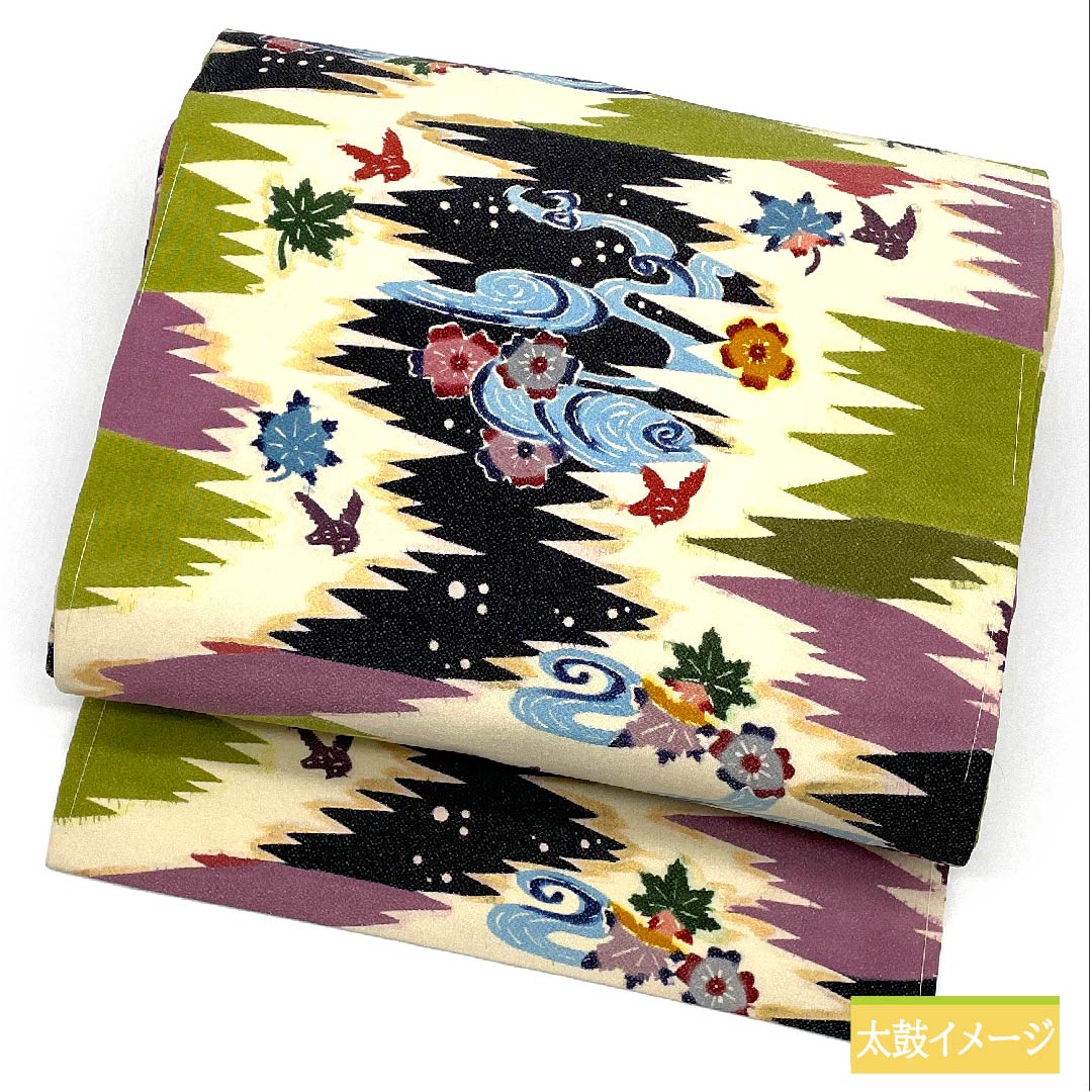 名古屋帯 生成り色（きなりいろ） 割付文様 観世流水 草花模様 帯丈340cm 正絹 Sランク 全通 カジュアル クリーム系 1124006502315 名古屋仕立て