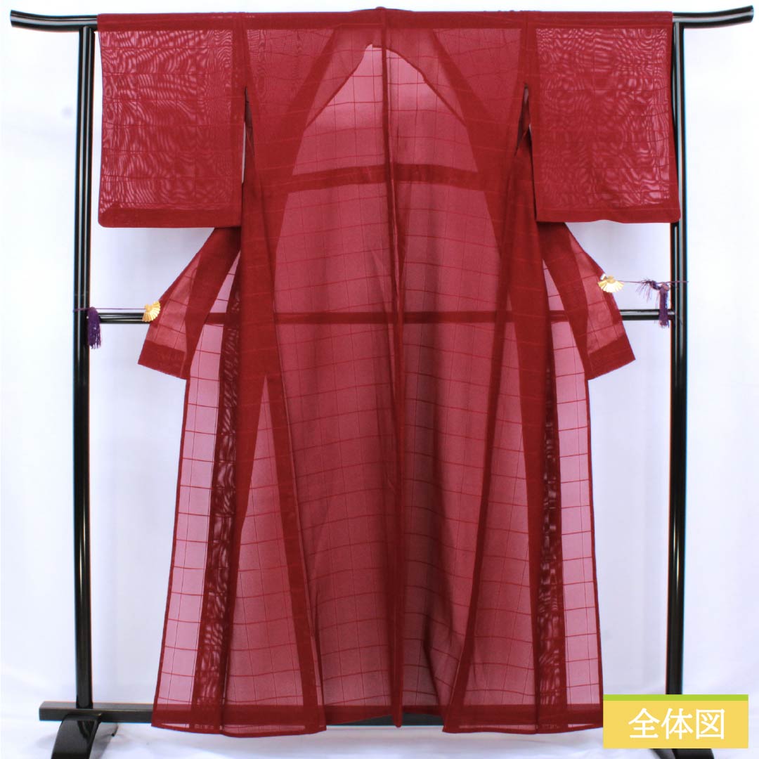 Summer pure silk tsumugi (pongee) kimono, length 159cm, sleeve length 64.5cm, crimson color, woven gauze pattern, checkered pattern, A rank, vermilion, 1132002763316