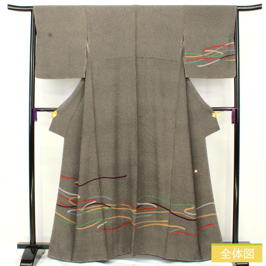 Homongi, pure silk, lined, length 161cm, sleeve length 64.5cm, good manners, abstract pattern, basting thread included, unused, S rank, black, 1112005122410