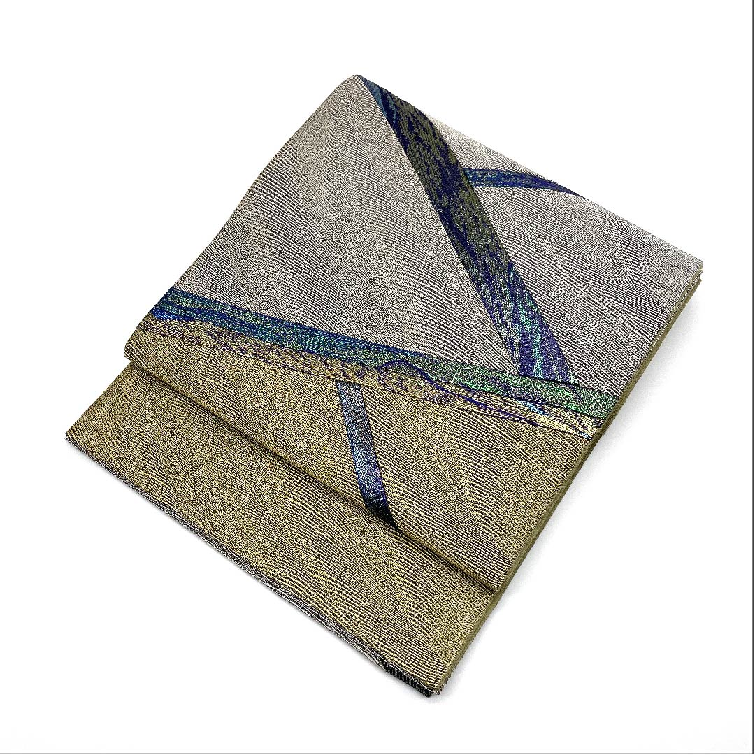 袋帯 切り嵌め 幾何学模様 帯丈446cm 正絹 Aランク 六通 セミフォーマル 銀系 1123005643322