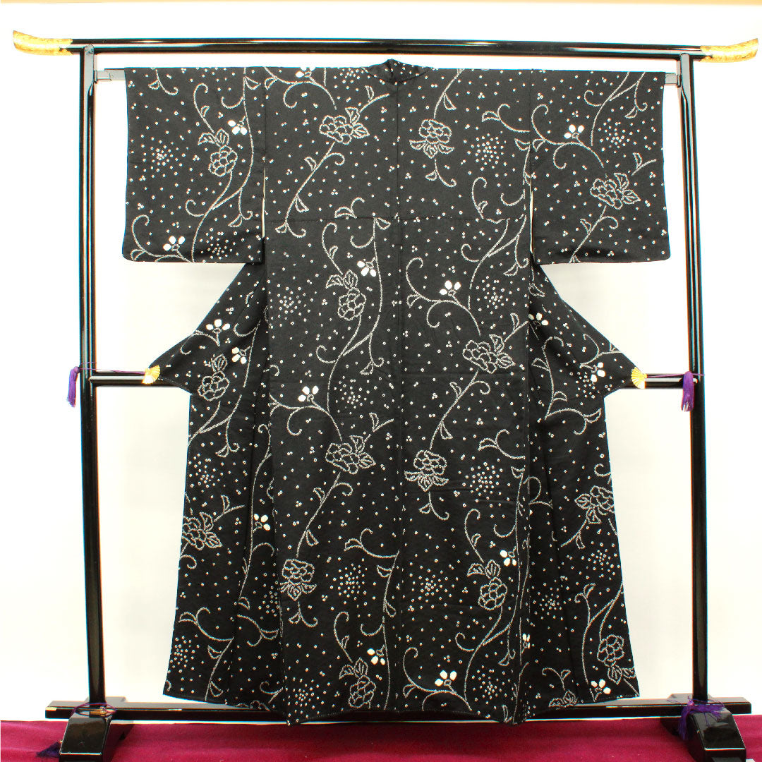 小紋 身丈153cm 裄丈63.5cm 袷  絞り 幾何学模様  正絹 Sランク 黒系 1115002732210