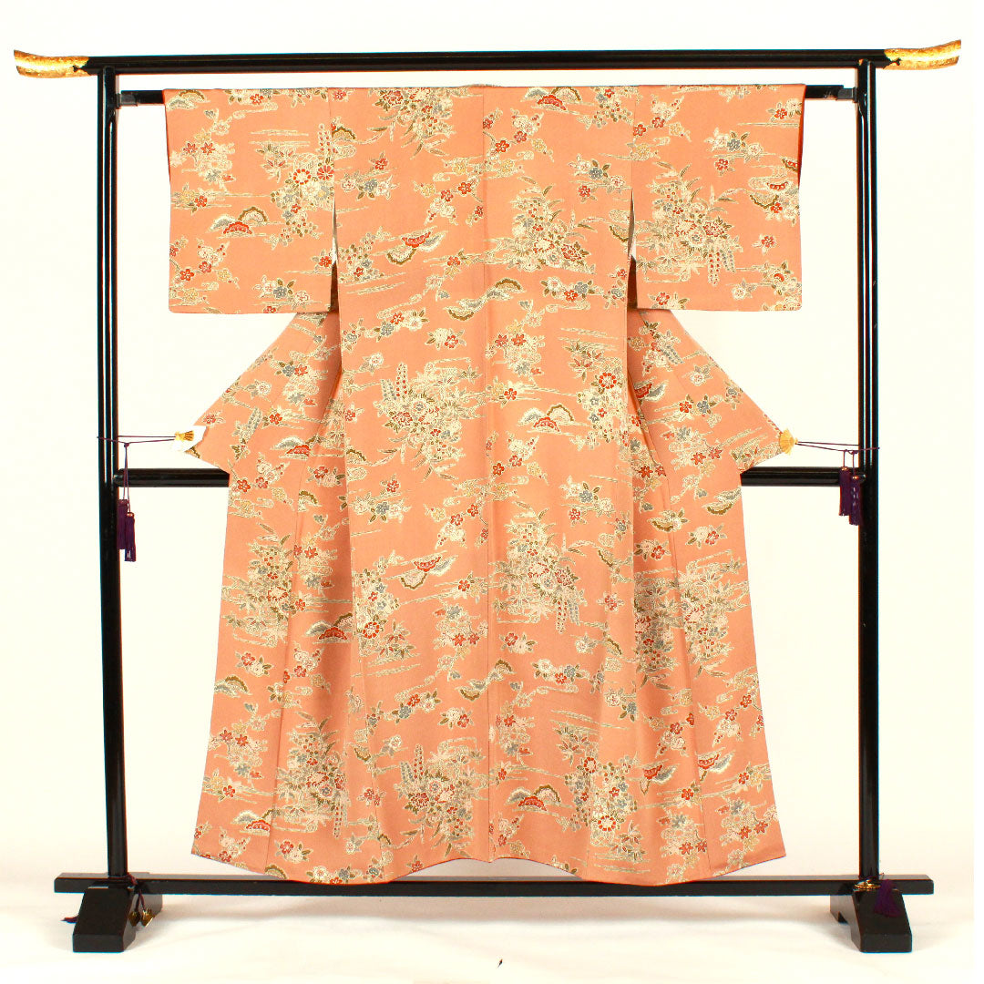 小紋 身丈154cm 裄丈61.5cm 袷  松竹梅 花籠 帛紗付き  正絹 Sランク 茶系 1115002042214