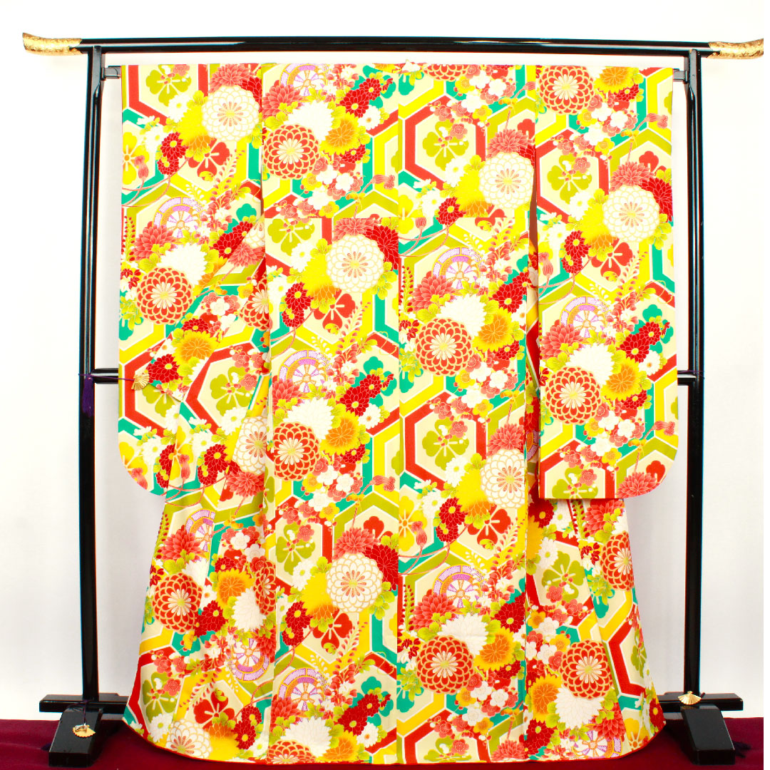 振袖 身丈170.5cm 裄丈67.5cm 袷  洗える着物 亀甲 菊 梅 藤  ポリ Sランク グラデ 1113001012699