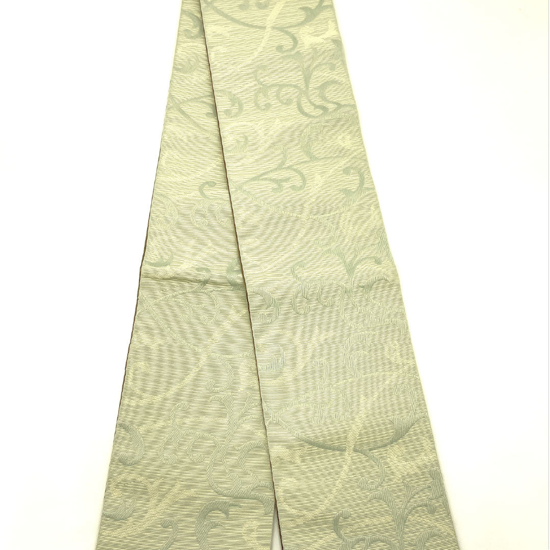 （新品）半幅帯 ポリエステル NEWランク 白緑色（びゃくりょくいろ） 錆利休色（さびりきゅういろ） つる草模様 花柄 リバーシブル 帯丈400cm 青系 1125002601417