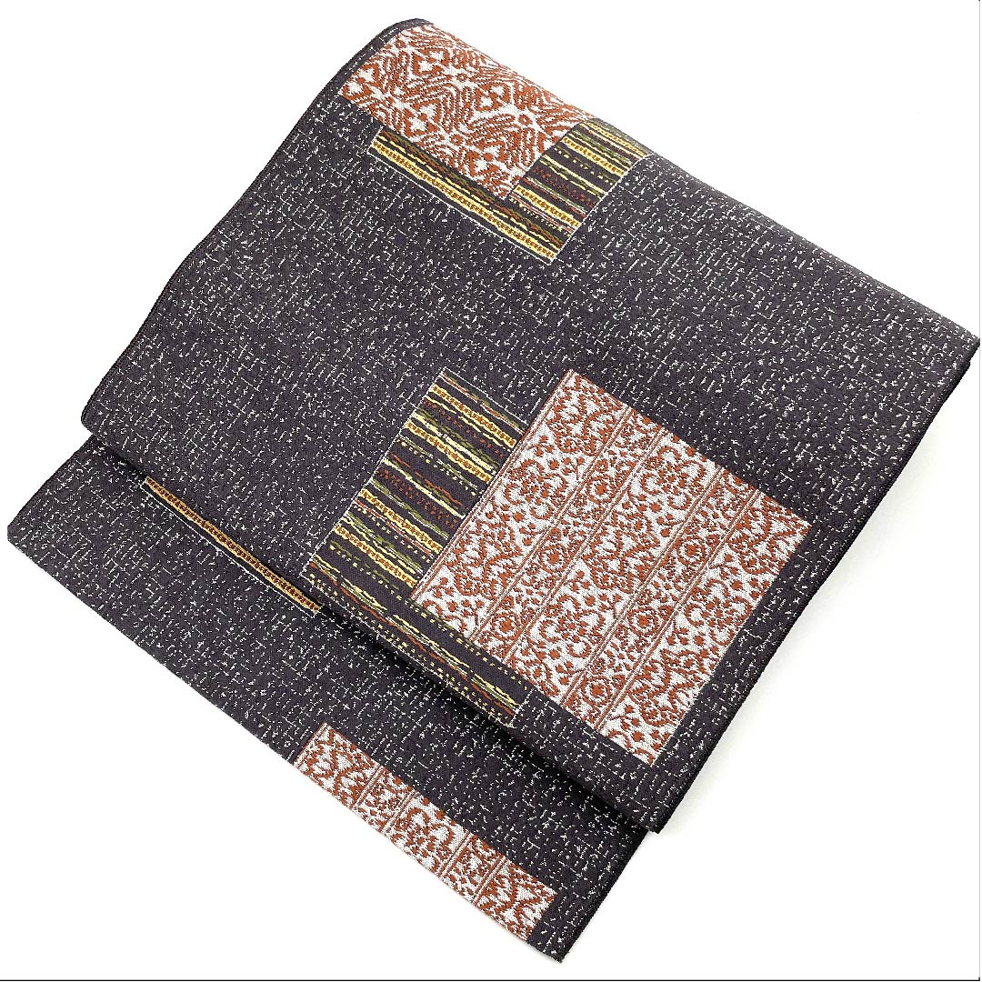 名古屋帯 藤煤竹色 抽象四角模様 帯丈367cm ポリ Sランク 六通 カジュアル グレー系 1124003782322  名古屋仕立て