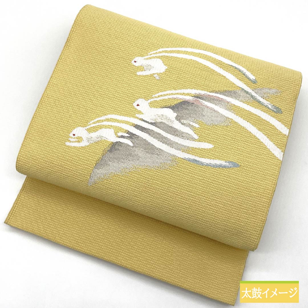Nagoya obi, yellow karakami color, Tsuzure weave, Tsuzure weave with nail-scratched pattern, Rabbit, obi length 388cm, pure silk, S rank, point pattern, casual, yellow, 1124007672423, open style