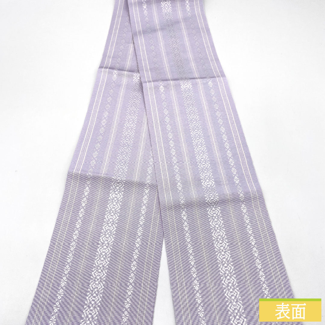 [Unfinished] Half-width Obi, Pure Silk, NEW Rank, Shiro Sumireiro (pale violet), Authentic Hakata-ori, Kenjo Pattern, Dokko, Koko Stripes, Hanazara, Obi Length 380cm, Purple family, 1125001891320