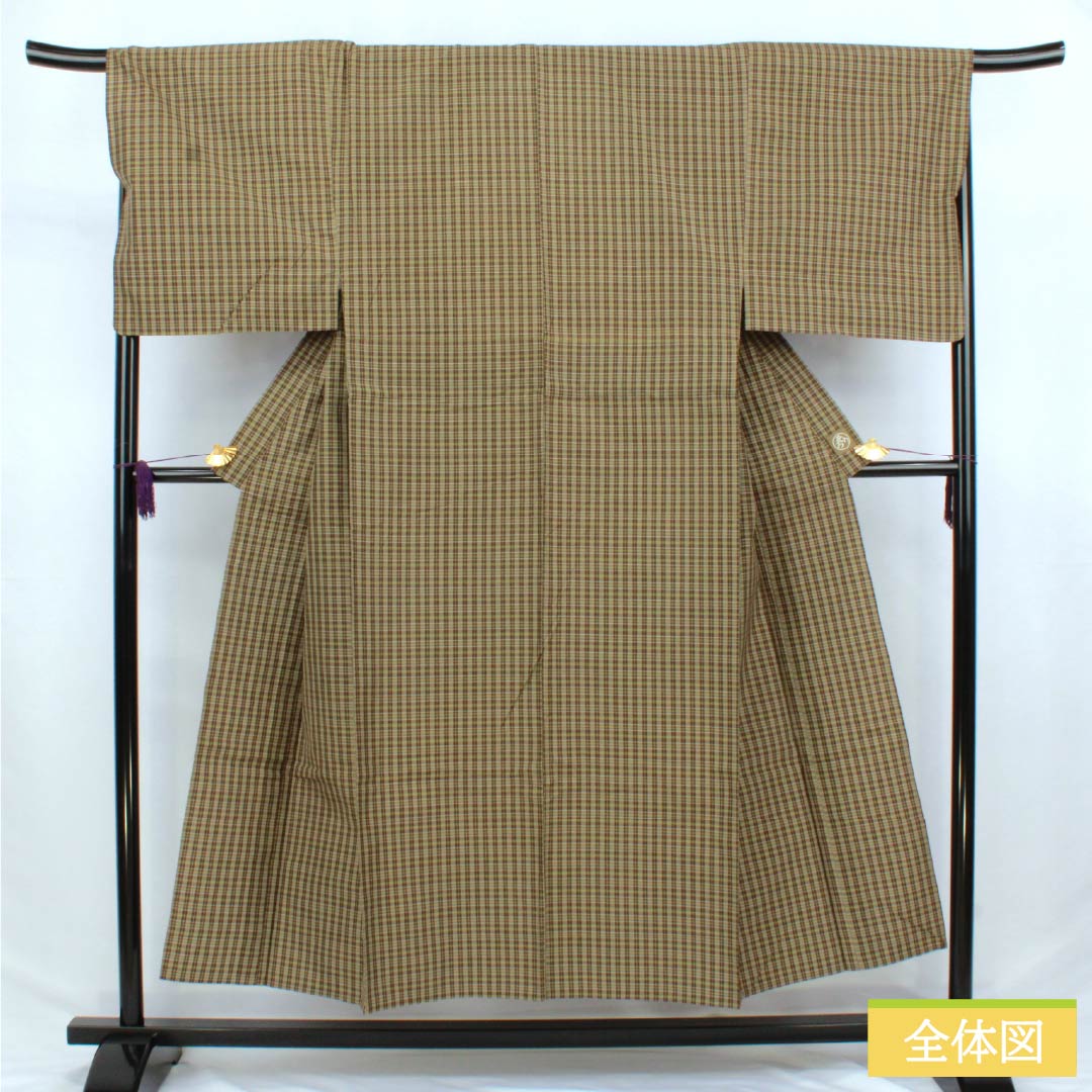 男物 木綿 Sランク 身丈148.5cm 裄丈68cm  利休生壁色（りきゅうなまかべいろ） 憲法茶色（けんぽうちゃいろ） チェック柄 内ポケット付き 単衣 緑系 1119001092419
