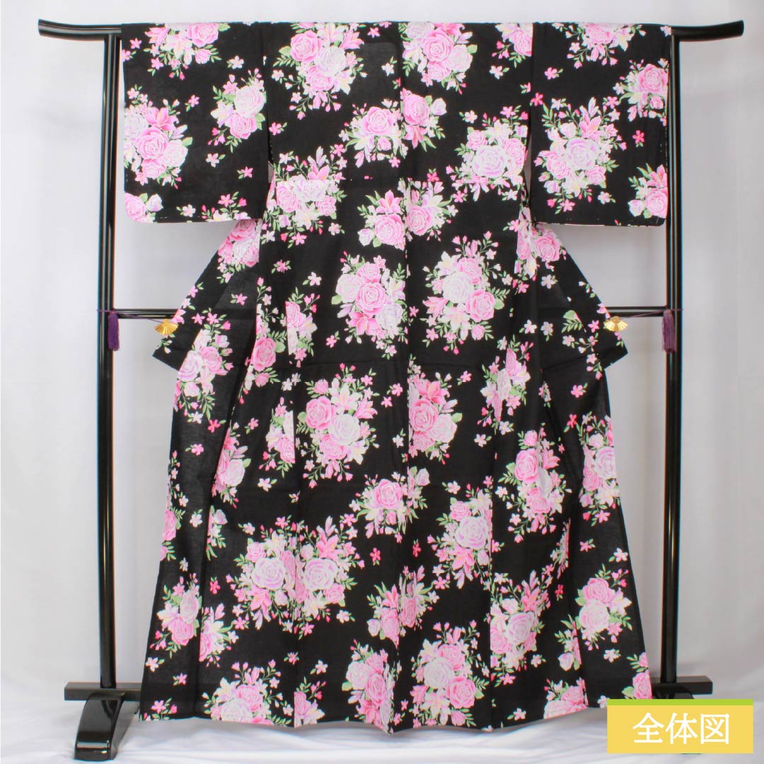 浴衣 木綿 身丈163cm 裄丈64.5cm Sランク 単衣 黒系 薔薇 ラメ 1118006062410