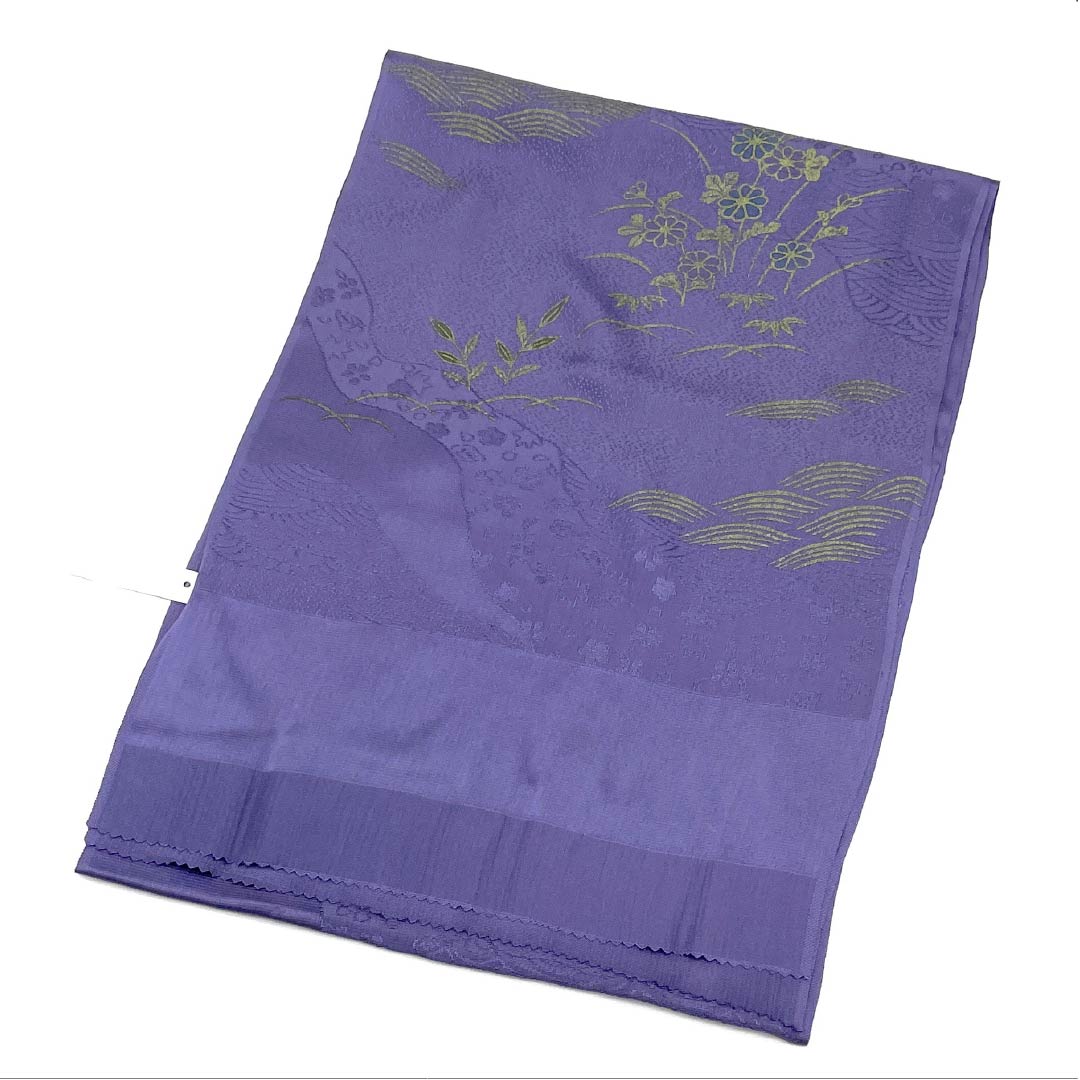 帯揚げ 正絹 Sランク セミフォーマル 竜胆色（りんどういろ） 道長取り 草花 波 長さ約173cm 幅約29cm 紫系 1136004322920