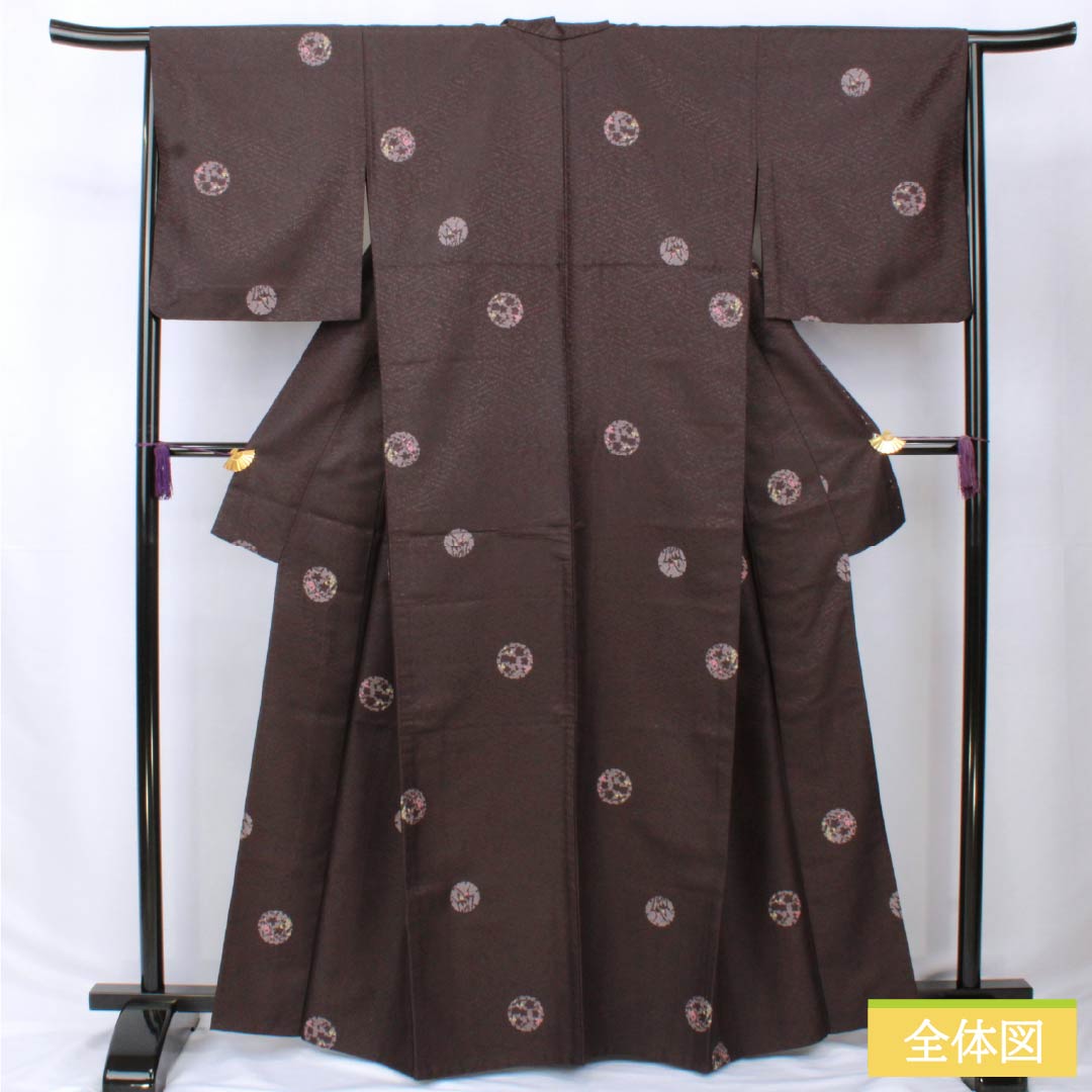 小紋 ポリエステル 身丈164.5cm 裄丈65.5cm 単衣 紫烏色（しうしょく） 雪輪 花びら 洗える着物 Sランク 紫系 1115006062420