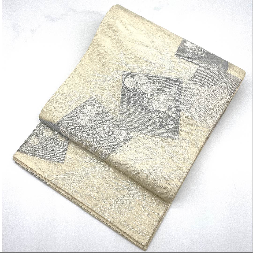 袋帯 生成り色（きなりいろ） 夏帯 桜 藤の花 夏物 帯丈422cm 正絹 Aランク 六通 フォーマル クリーム系 1123007673315