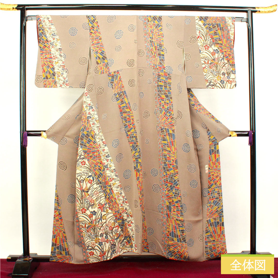 小紋 正絹 身丈154.5cm 裄丈64cm 袷  壁鼠色 京紅型 抽象模様   Aランク グレー系 1115003513222