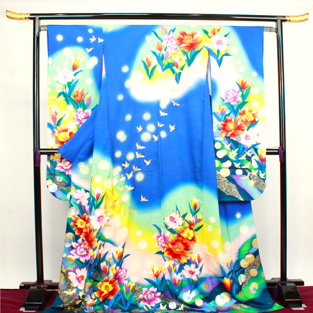 振袖 身丈176.5cm 裄丈64cm 袷  瑠璃色 花鳥模様  正絹 Bランク 紺系 1113001484818