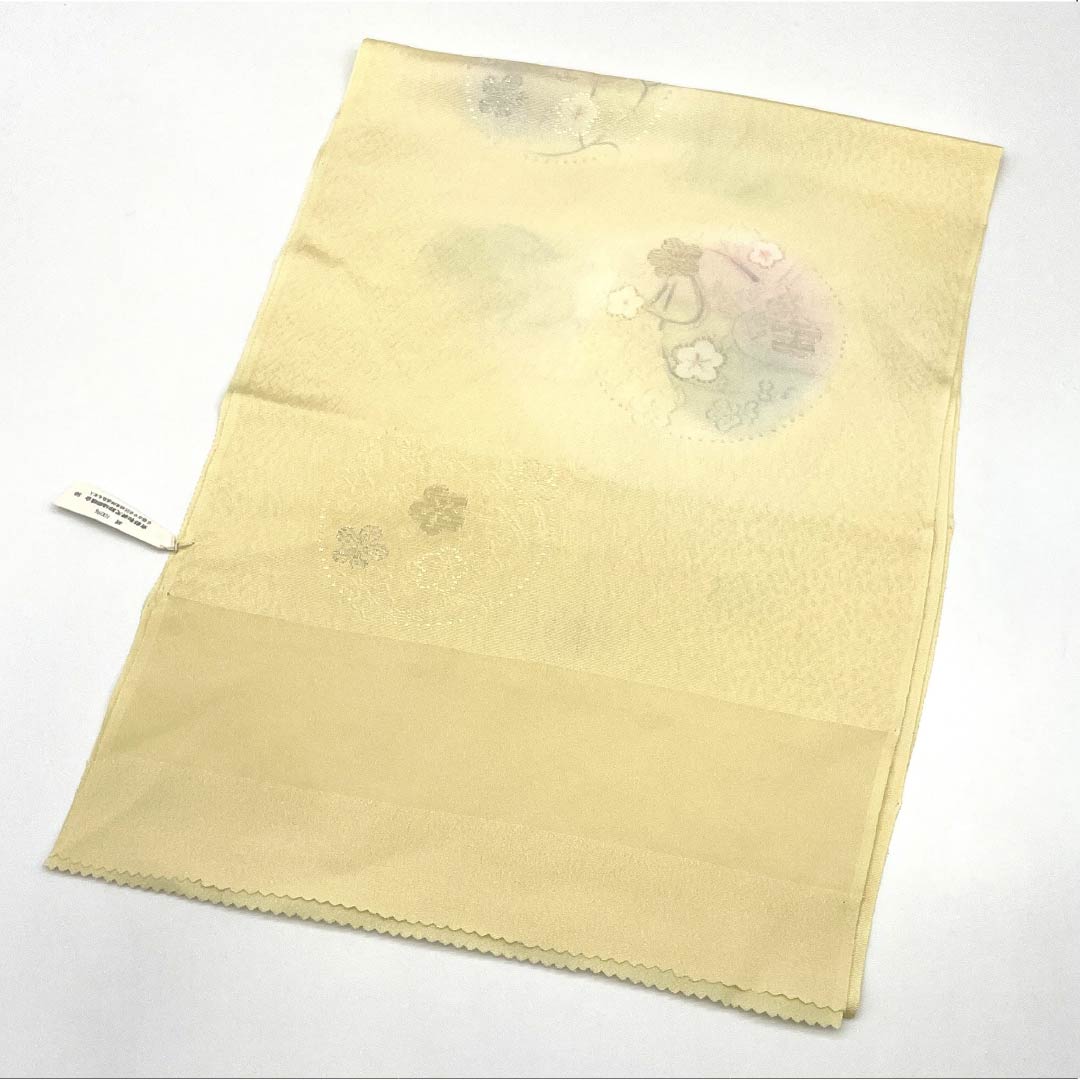 帯揚げ 正絹 Sランク セミフォーマル 薄卵色（うすたまごいろ） 花丸文 梅 長さ約178cm 幅約31cm 黄系 1136002732923