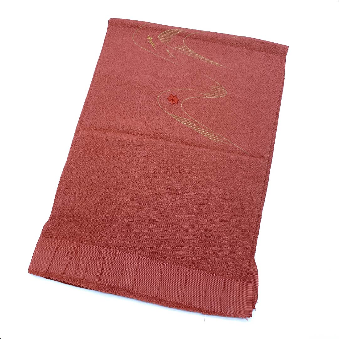 帯揚げ 正絹 セミフォーマル 弁柄色（べんがらいろ） 紅葉 刺繍 古典柄 長さ約170cm 幅約29cm Sランク 茶系 1136000492914