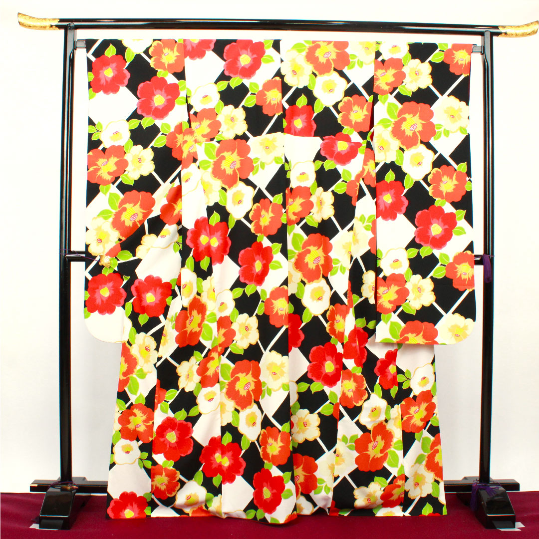 振袖 身丈168cm 裄丈68cm 袷  モノトーン 洗える着物 椿  ポリ Sランク 黒系 1113001392510