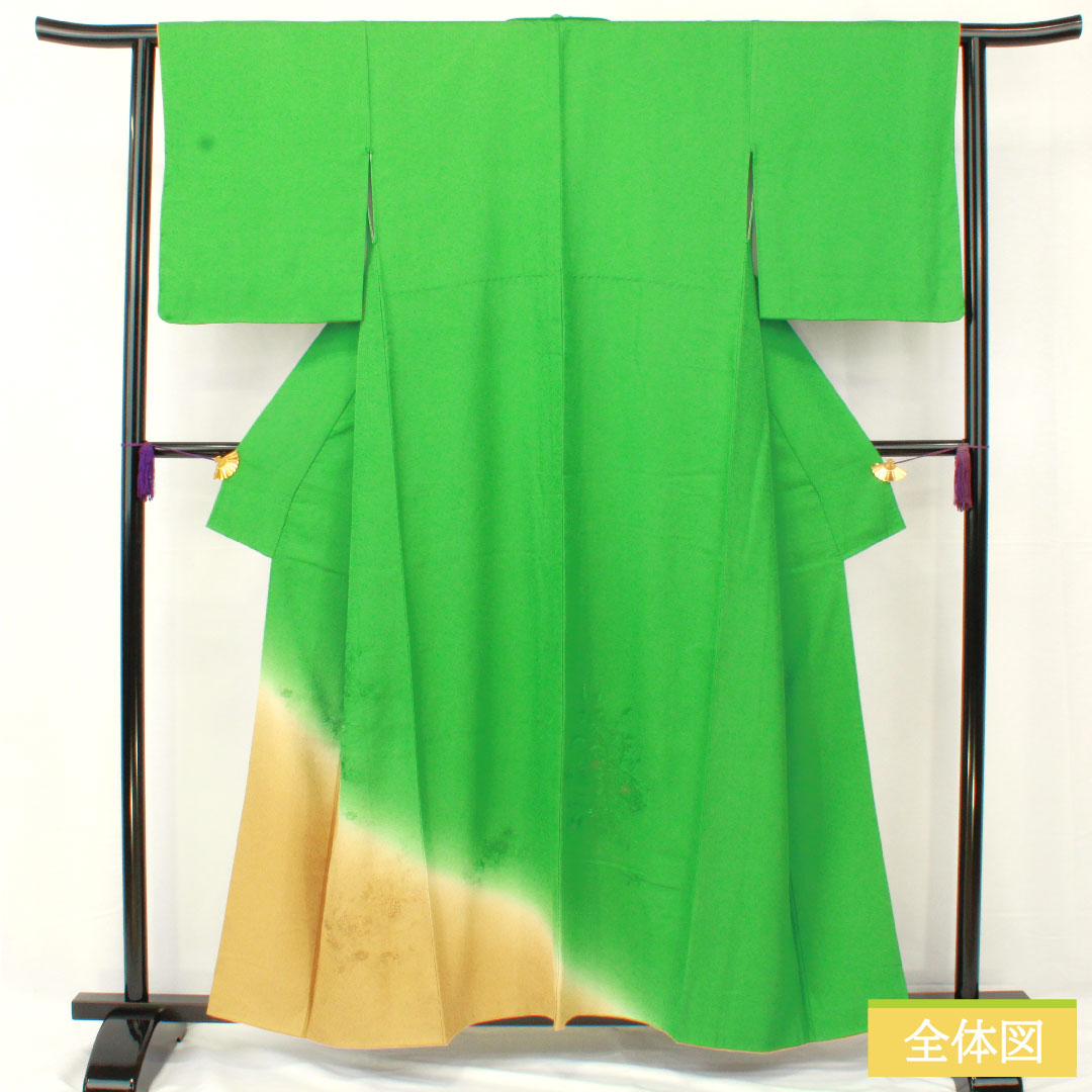 訪問着 正絹 袷 身丈157.5cm 裄丈62.5cm 草緑色（くさみどりいろ） 汕頭刺繡 草花模様 スコッチガード Sランク 緑系 1112004992319