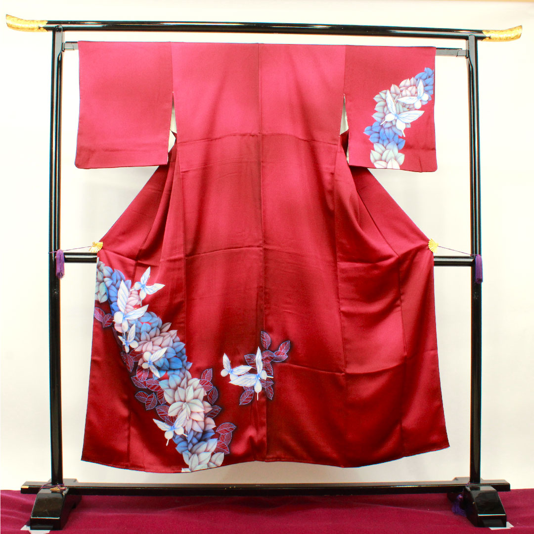 訪問着 正絹 袷 身丈151cm 裄丈63cm 暗紅色 蝶 Sランク 紫系 1112002992220