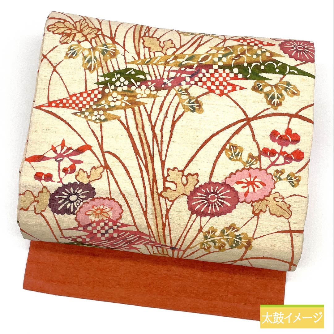 名古屋帯 生成り色（きなりいろ） 蔦の葉 コスモス 紅型模様 帯丈360cm 正絹 Sランク 全通 カジュアル クリーム系 1124006462315 名古屋仕立て