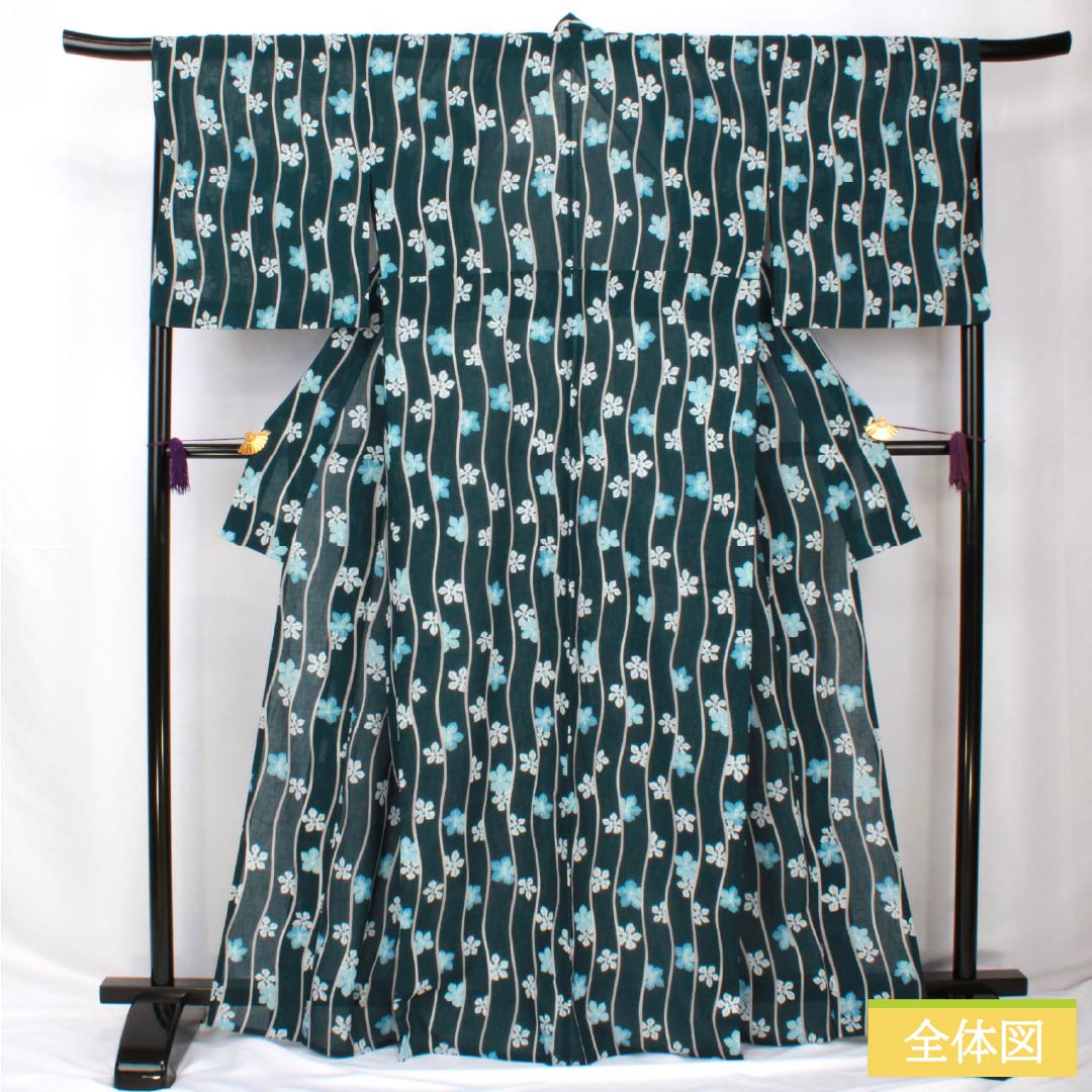 夏物 ポリエステル 小紋 身丈167cm 裄丈69cm 高麗納戸色（こうらいなんどいろ） よろけ縞 花 洗える着物 紗 Sランク 青系 1132002352517