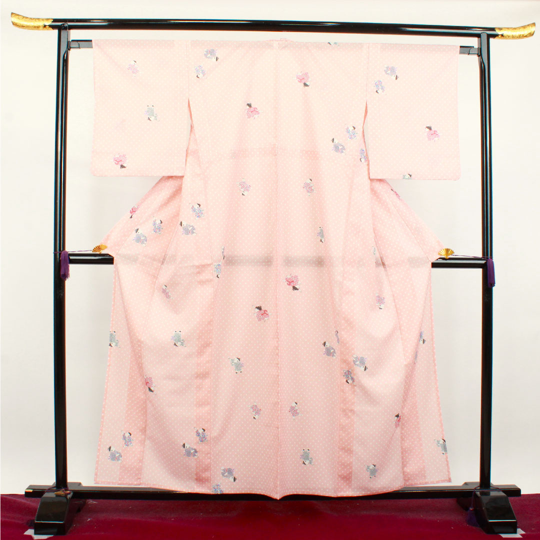 Summer kimono, polyester, small pattern, length 158cm, sleeve length 64cm, dawn color, washable kimono, silk, S rank, pink, 1132001462313