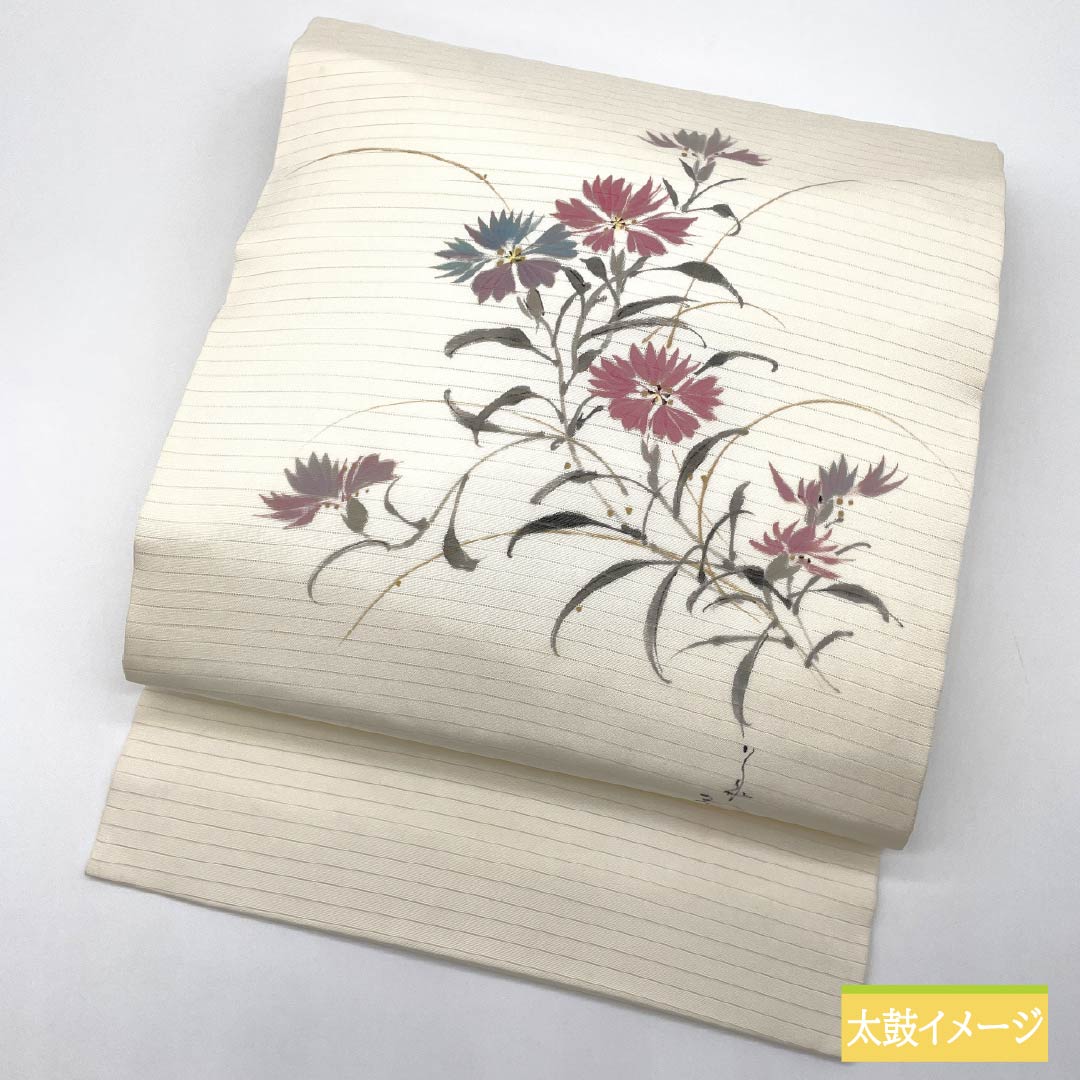 名古屋帯 生成り色（きなりいろ） 夏帯 染め帯 草花模様 帯丈365cm 正絹 Bランク ポイント柄 カジュアル クリーム系 1124008804315 名古屋仕立て