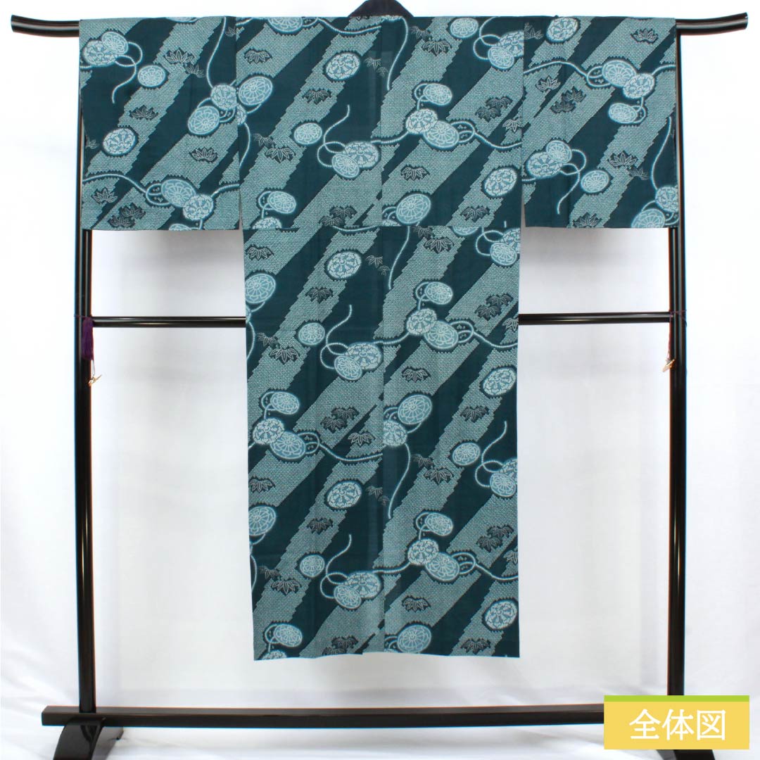 Men's wool nagajuban (long under-kimono), S-rank, length 138.5cm, sleeve length 35.5cm, Korai Nandou color (Korainando color), pine and hikida patterns, single layer, blue, 1140000712317