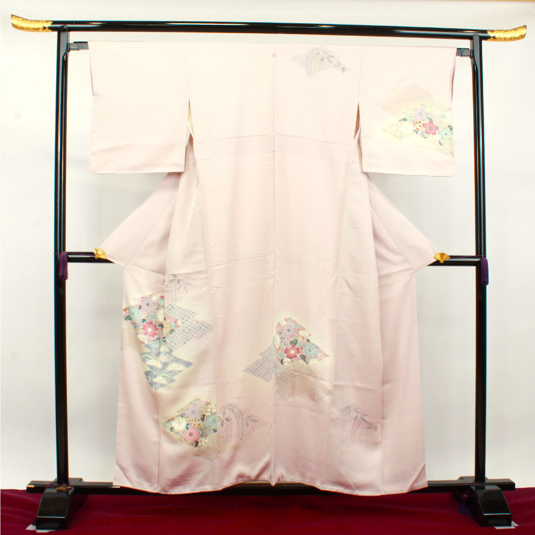 Homongi, pure silk, lined, length 156.5cm, sleeve length 64cm, cherry blossom color, Tsujigahana, five gourds and one-bite, A rank, pink, 1112003113313