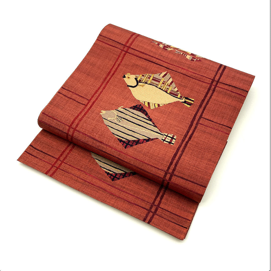 袋帯 魚柄 抽象模様 帯丈436cm 正絹 Sランク 六通 カジュアル 赤系 1123004132312