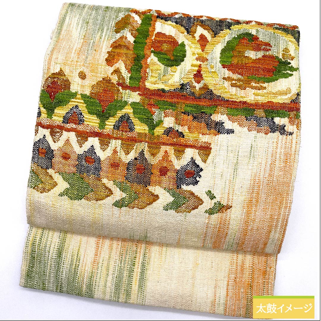 名古屋帯 生成り色 ギリシャ模様 紬地 帯丈353.5cm 正絹 Sランク ポイント柄 カジュアル クリーム系 1124005992315  松葉仕立て