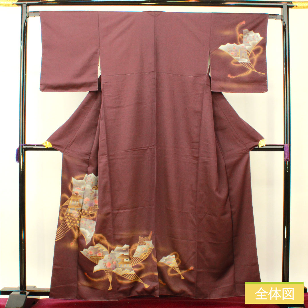 Homongi, pure silk, lined, length 160cm, sleeve length 64cm, purple, Kyoto Yuzen, fan, auspicious motif, S rank, purple, 1112004282420