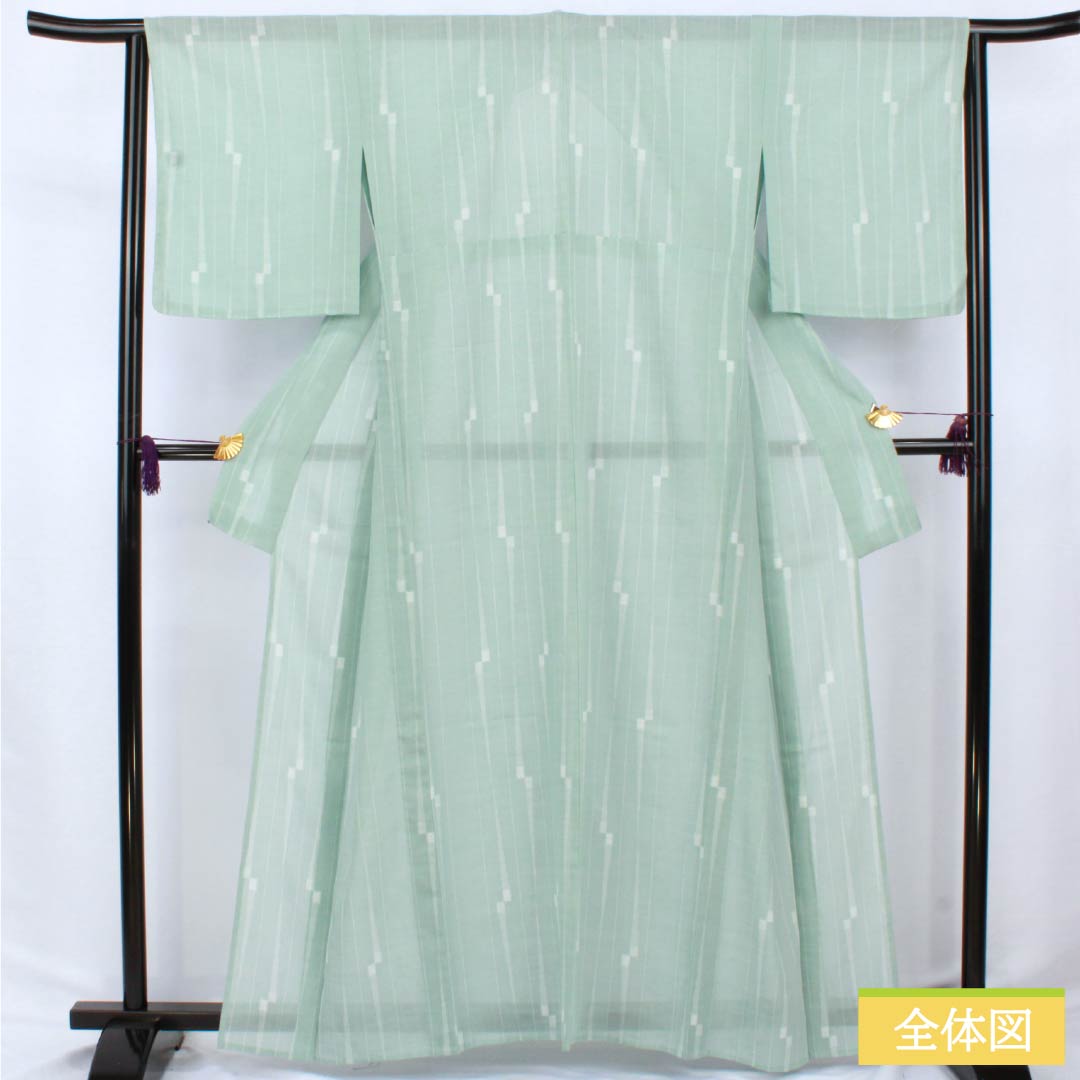 夏物 ポリエステル 小紋 身丈163cm 裄丈65cm 薄水色（うすみずいろ） 縞 洗える着物 紗 Sランク 緑系 1132002662419