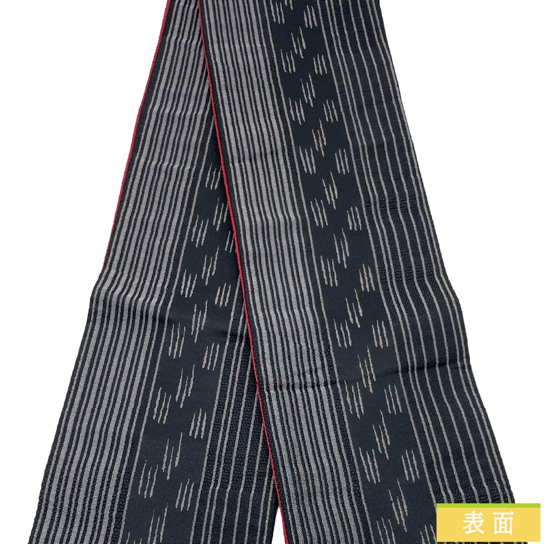 半幅帯 ポリエステル Aランク 黒色（くろいろ） 真紅色（しんくいろ） 縞模様 帯丈357cm 黒系 1125005743310