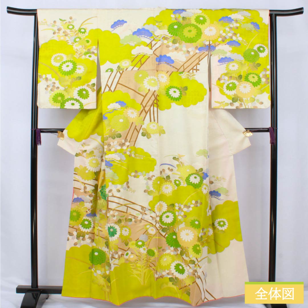 訪問着 正絹 Aランク 袷 身丈162cm 裄丈63.5cm 京友禅 松 菊 白系 1112006353411