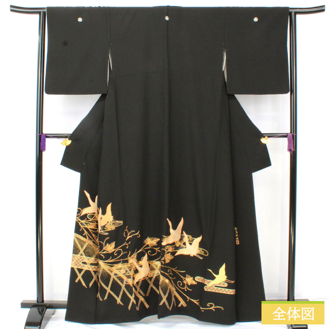 Black formal kimono, pure silk, length 162cm, sleeve length 64cm, lined, gold leaf embroidery, crane, five crests, three oak leaves in a circle, B grade, black, 1111001444410