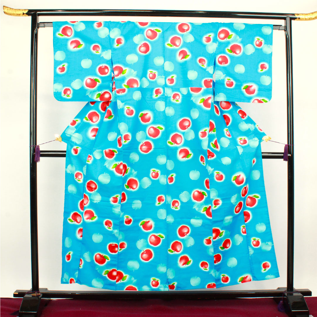 浴衣 真青色 リンゴ 木綿 Sランク 単衣 身丈155cm 裄丈64cm 青系 1118002222317